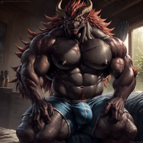 solo, breath (ultra detailed), a beautiful and detailed full size portrait of a male anthro batzz, kaiju, demon lord dragon batzz, dragon tail, green eyes, glowing eyes, black body, black skin, long hair, red hair, horns, scar, tail, bedroom eyes, detailed...