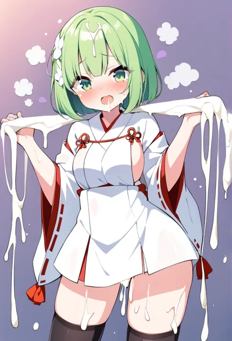 1 girl, cute, young, green hair, bob haircut, green eyes, miko, black thigh high, {{{{{{{{excessive cum}}}}}}}}, bukkake,