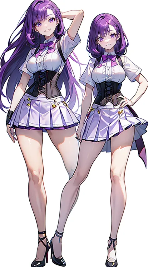 ((Perfect Face)),Purple Hair,long hair,1 female,bartender,(((White shirt with rolled up sleeves)),(corset),(((Tight Skirt))),,High heels,,((Simple White background)),((smile)),((full body)),((whole body)),Portraits,virtual,upright,