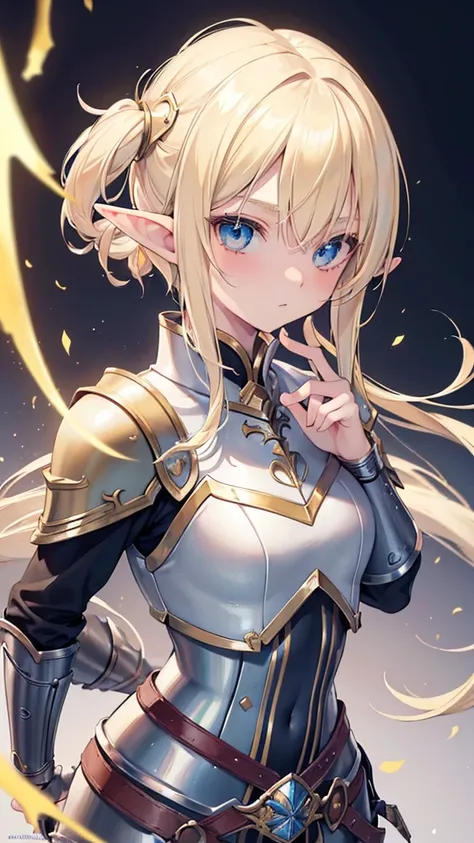 ((masterpiece, best quality)), manga style, elf warrior in armor, blond hair, elf ears, hands behind back, best qualityer，8K， masterpiece, high resolution, two tone lighting, (high detail skin：1.2), beautiful face, gentle illumination, ((blank background))