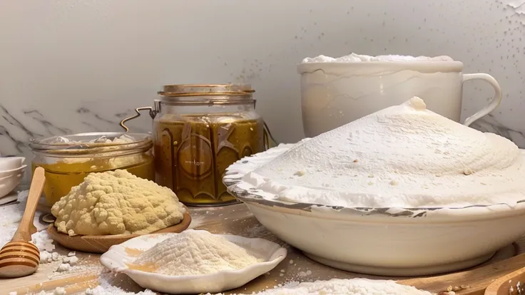 there are a lot of ingredients that are on a table, ingredients on the table, covered in white flour, recipe, strange ingredients on the table, flour dust, honey, white, white clay, alchemical still made from clay, outstanding detail, homemade, exploitable...