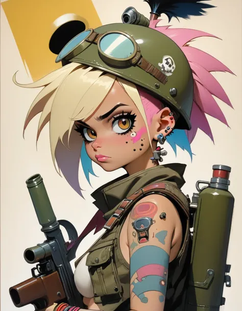 tank girl character, military helmet, piercings, shotgun, in a tank, (art inspired by Skottie Young and Bill Sienkiewicz). oil painting)