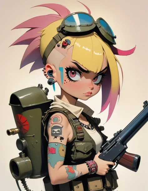 tank girl character, military helmet, piercings, shotgun, in a tank, (art inspired by Skottie Young and Bill Sienkiewicz). oil painting)