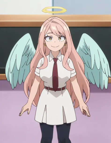 1girl, female focus, my hero academia screencap, boku no hero academia, pink hair, gold eyes, smiling, super long hair, cute, we...