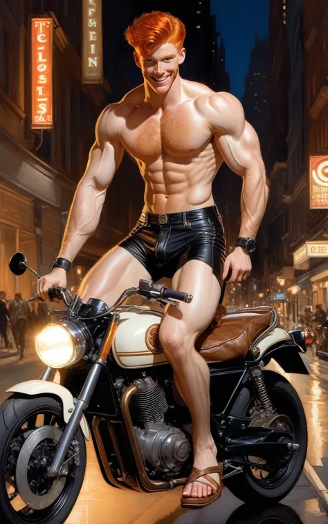 in jc leyendecker and roberto ferri art style, a ginger, short red hair, slighly hairy body, athletic-tonned slender body, shirtless, smiling, barefoot riding a motorcycle in the city night ambient lighting, becoming the subject composition, soft neutral c...