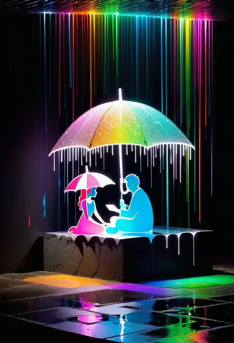 Crystal lighting effect colorful small stome made of The lighting is combined with the human-shaped bunchy layer of fretsaw , and the shape of a kind and tender scene of a man who accidentally brings an umbrella to a girl who is sitting sadly in the rain i...