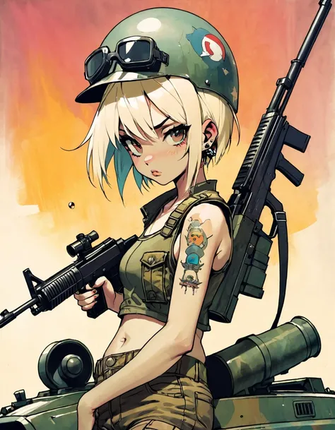 tank girl character, military helmet, piercings, shotgun, in a tank, (art inspired by Skottie Young and Bill Sienkiewicz). oil painting)