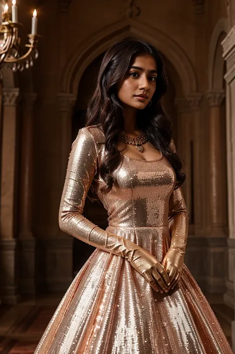 South asian girl in a renaissance castle. She is wearing a long sequins rose gold ball gown. She is also wearing burgundy velvet opera gloves