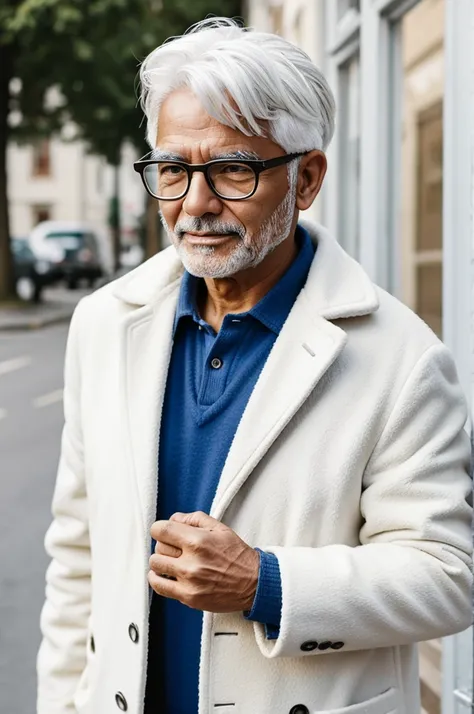 60 year old man in glasses white hair coat