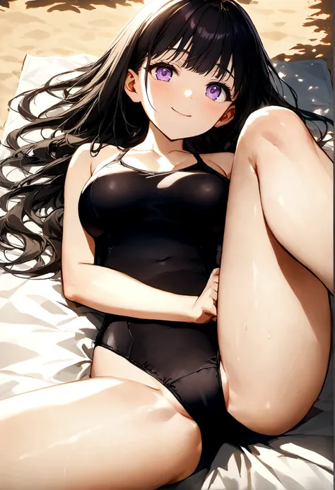 32k, best quality, ultra high res, HDR, UHD, extremely detailed CG, unity 32k wallpaper, very cute, 16-year-old girl, 1 person, Purple eyes, ((black competitive swimsuit)), Beach, black long hair, (large breasts), (Laugh shyly), ((Lie down on a picnic shee...