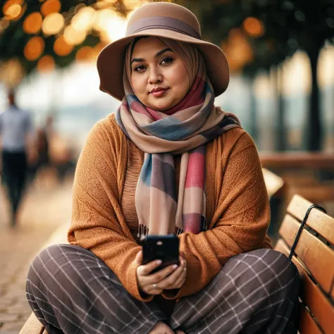 a chubby woman sitting on a bench wearing a hat and scarf, hijab, Taken using iPhone15 Pro Max Camera, bokeh, profile picture 1536px, vibrant, photorealistic, high quality