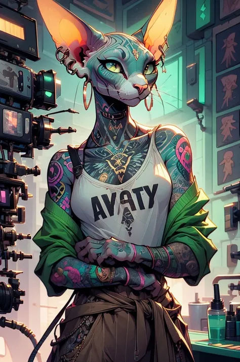 a light-skinned male sphinx cat with detailed tattoos on forearms, white eyes, ear piercings, wearing baggy green t-shirt with b...