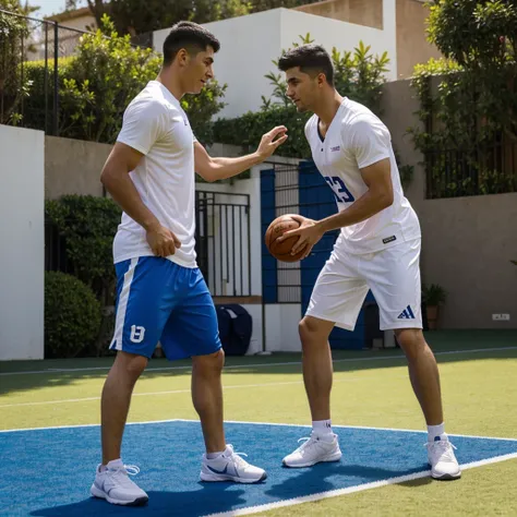 padre cargando a su hijo en los hombros, el hijo sostiene una pelota de basquet