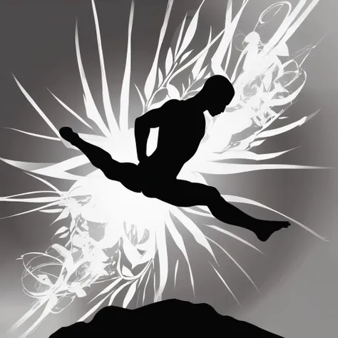 "Illustration dune silhouette de combattant darts martiaux en plein mouvement. La silhouette est en position dynamique, executing a spinning kick with power and grace. The fighter is frozen at the peak of his movement, avec une jambe tendue haut dans les a...