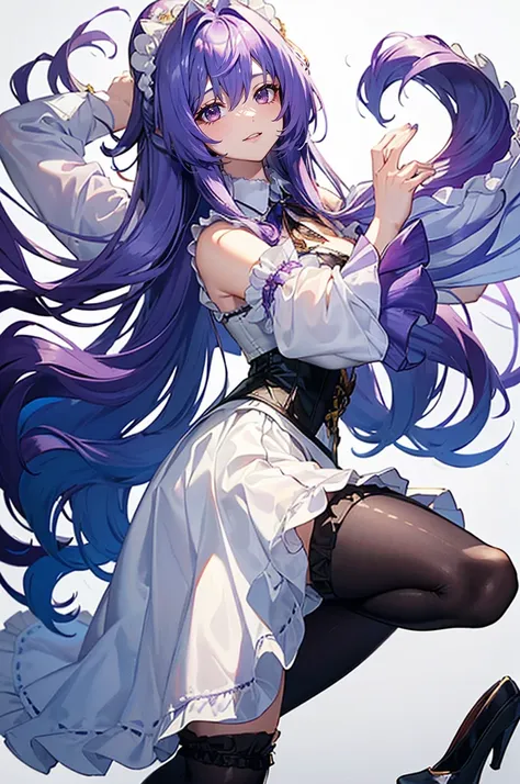 ((perfect face)),purple hair,long hair,1 female,bartender,(((white shirt with rolled up sleeves)),(corset),(((tight skirt))),,hi...