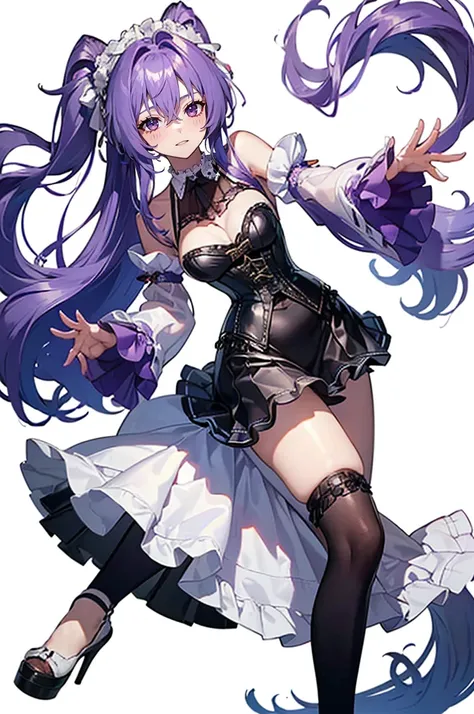 ((Perfect Face)),Purple Hair,long hair,1 female,bartender,(((White shirt with rolled up sleeves)),(corset),(((Tight Skirt))),,High heels,,((Simple White background)),((smile)),((full body)),((whole body)),Portraits,virtual,upright,