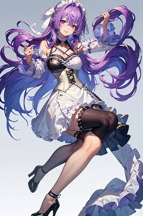 ((perfect face)),purple hair,long hair,1 female,bartender,(((white shirt with rolled up sleeves)),(corset),(((tight skirt))),,hi...