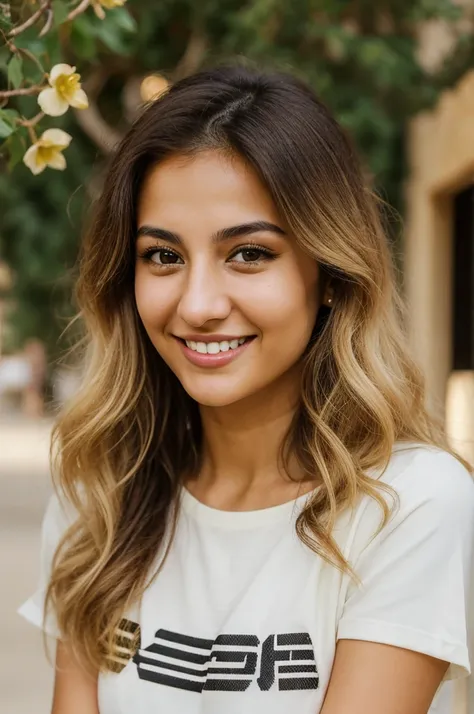 24YO, small nose, one attractive Jordanian women, Bright Yellow shirt, cute smile, cute face, white teethes, skinny face, light brown eyes, black/blonde long hair