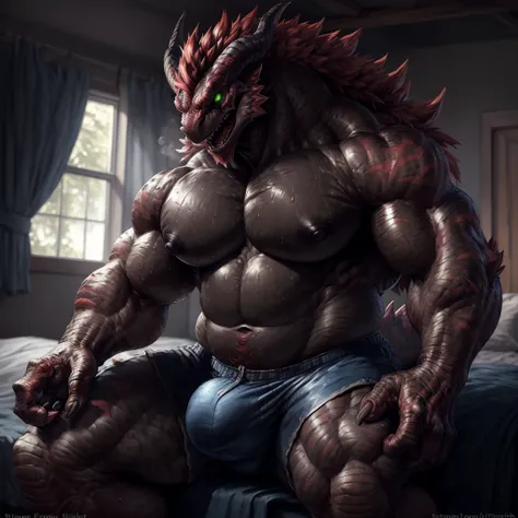 solo, breath (ultra detailed), a beautiful and detailed full size portrait of a male anthro batzz, kaiju, demon lord dragon batzz, dragon tail, green eyes, glowing eyes, black body, black skin, long hair, red hair, horns, scar, tail, bedroom eyes, detailed...