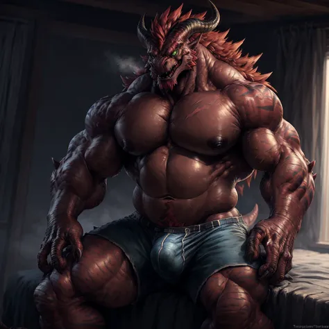 solo, breath (ultra detailed), a beautiful and detailed full size portrait of a male anthro batzz, kaiju, demon lord dragon batzz, dragon tail, green eyes, glowing eyes, black body, black skin, long hair, red hair, horns, scar, tail, bedroom eyes, detailed...