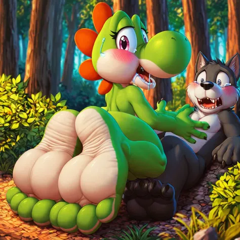 (green yoshi), (werewolf) score_9, score_8_up, dream prompt:score_9, beautiful, detailed cute face, blushing, shocked expression, reverse cowgirl position, looking surprised, looking back, crying, grabbing butt, looking down, forest, male/female, sex, cryi...