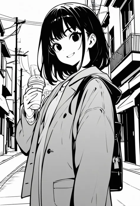 ​masterpiece, best quality 1girl, grayscale, style: Japanese manga, black eyes, street, iced, black hair, schoolbag, smile, lineart, white background
