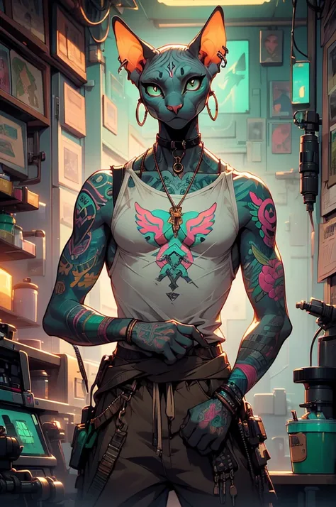 a male sphinx cat with detailed tattoos on his arms, white eyes, ear piercings, wearing baggy green t-shirt with baggy brown pan...