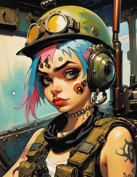 tank girl character, military helmet, piercings, shotgun, in a tank, (art inspired by Skottie Young and Bill Sienkiewicz). oil painting)