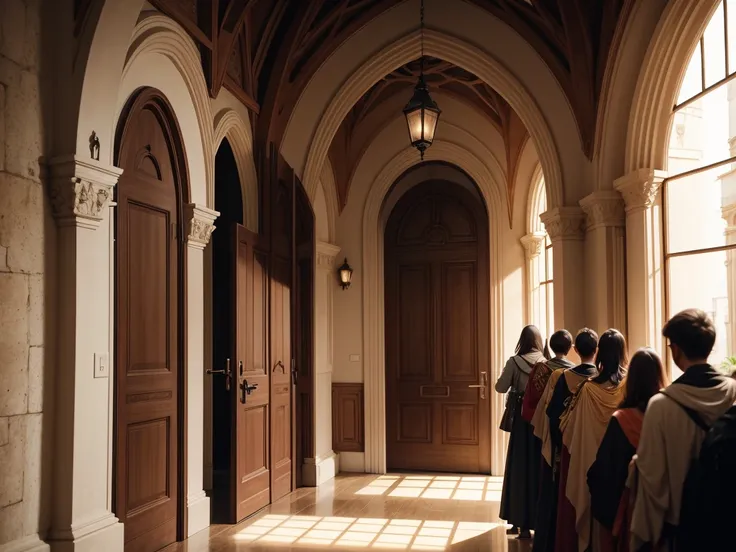 huge hall, com pilares altos e uma porta enorme, pequena escadaria, pessoas entrando e saindo com armaduras e roupas de mago