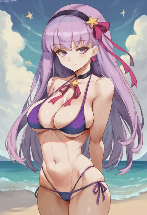 cutesexyrobutts style, 1girl, breasts, long_hair, bb_(fate), swimsuit, bb_(swimsuit_mooncancer)_(second_ascension)_(fate), bb_(swimsuit_mooncancer)_(fate), bikini, ribbon, large_breasts, cleavage, purple_hair, purple_eyes, smile, purple_bikini, navel, look...