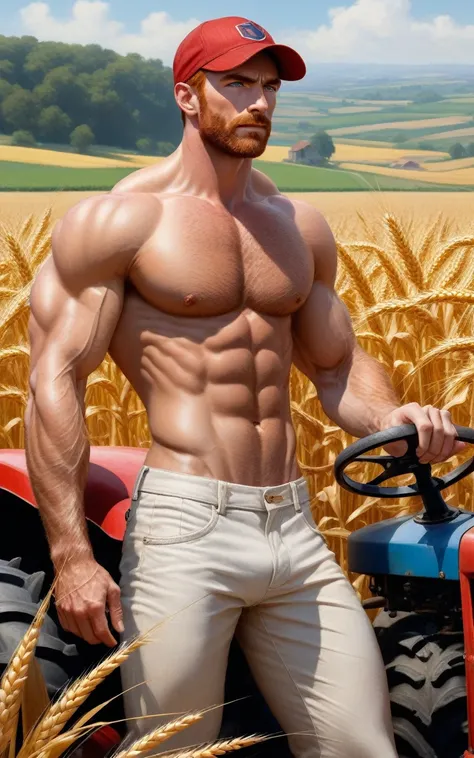 ((1 man full body NAKED driving a white tracto in the fields,)) (front view )), in henry scott tuke and Peter Paul Rubens art style, ultra detailed, ultra realistic, ambient lighting, becoming the subject composition, soft neutral colors, perfect component...