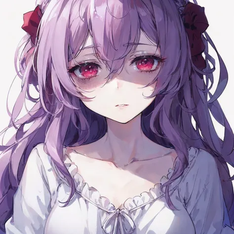 Chica anime con cabello largo morado y ojos rojos con un vestido blanco., anime moe art style, Gapmoe Yandere, yandere, ojos morados y vestido blanco, chica anime demonio, portrait Gapmoe Yandere grimdark, anime visual de una linda chica, impresionante ret...