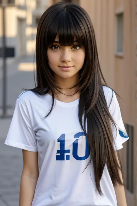 Cartoon girl with bangs and long hair wearing a Real Madrid T-shirt