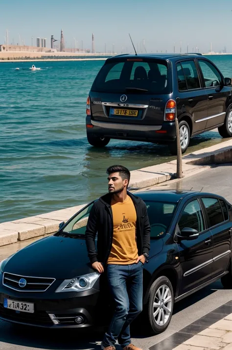 un joven viendo para arriba con un abrigo del Barcelona sentado en un carro negro y el carro flotando en el mar