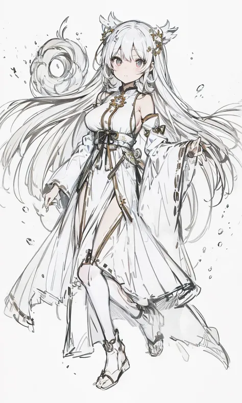 miko dress,big chest,white hair,full body