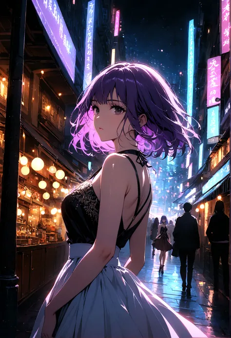 A woman with long purple hair and black eyes in a vacation outfit stands alone in the middle of the city at night.