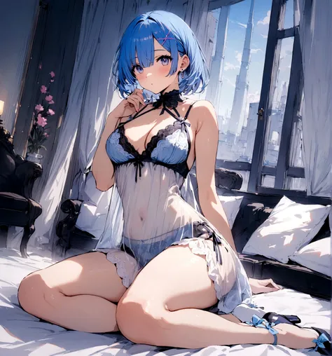 masterpiece, Highest quality, Rem, One girl, lingerie,Beautiful eyes,Blue Hair,whole body