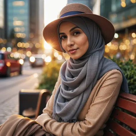 a woman sitting on a bench wearing a hat and scarf, hijab, Taken using iPhone15 Pro Max Camera, bokeh, profile picture 1536px, vibrant, photorealistic, high quality