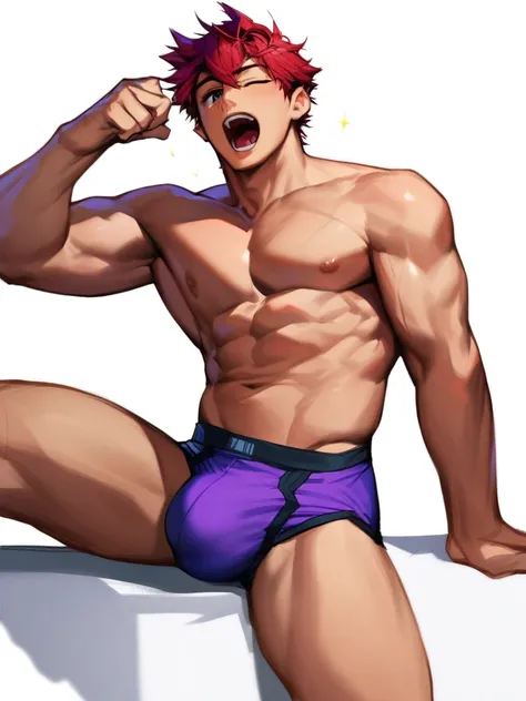 score_9, score_8_up, score_7_up, score_6_up, boy, red hair, anime haircut, hair down, bangs, one eye closed, yawning, shirtless, purple briefs, cool, front, muscular, huge bulge, looking at viewer, simple white background, concept art, RinotunaYei, 