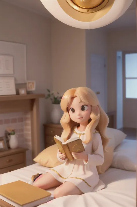 there is a  with golden hair with beautiful and big brown eyes with white sparkles, she is in her room, while she is holding a book with a golden cover, she is sitting on the bed, and from the book emanates a golden light