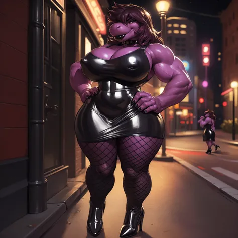 solo, 1girl, susie, susie deltarune, female, milf, older, (huge breasts:1.1), (hyper hips), (big bottom lip:1.3), (black lip gloss:1.3), black leather collar, bimbo, prostitute, blue eyeshadow, curvy, voluptuous, hourglass figure, (black dress:1.3), (black...