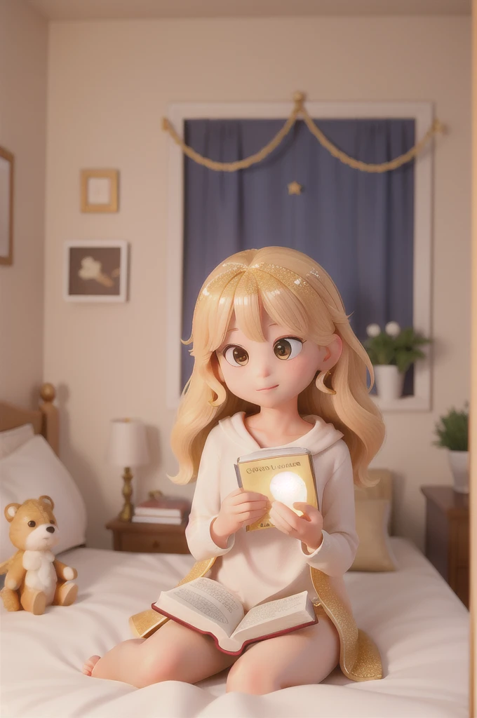 there is a with golden hair with beautiful and big brown eyes with white sparkles, she is in her room, while she is holding a book with a golden cover, she is sitting on the bed, and from the book emanates a golden light
((the book is magic))