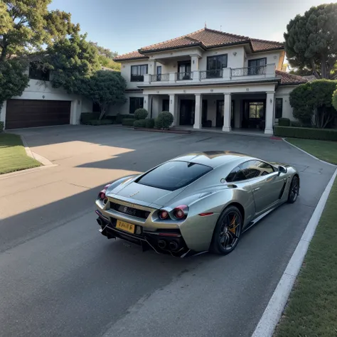 Imagine uma cena deslumbrante em Los Angeles ao entardecer. In the center of the image is a modern mansion with clean architectural lines and large glass windows that reflect the orange sunset sky.. In front of the mansion, there is a display of luxury car...