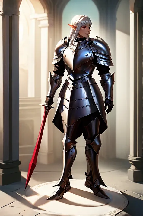 female elf knight, full body art, silver hair, white skin, red eyes, knight full plate armor adorned