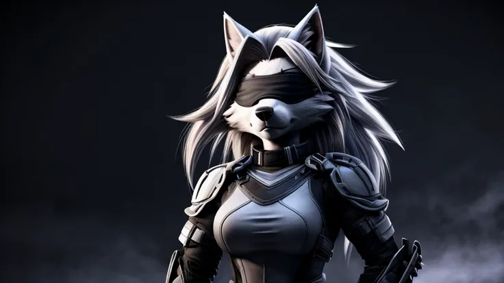 Loona from Helluva Boss, female white wolf, short white hair, blindfold, white combat military armor suit, adult, muscular, standing, dark lighting, extremely detailed, solo, beautiful, high quality, 4K