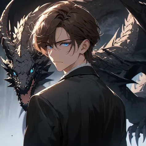 portrait. Half body.look back. A man in a suit has his back to the camera. Dark portrait. 8K quality., Raw Work, (brown hair),(blue eyes), (Black suit), (background: great black dragon)