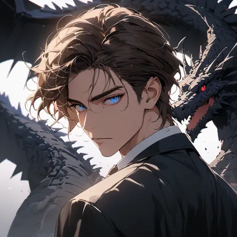 portrait. Half body.look back. A man in a suit has his back to the camera. Dark portrait. 8K quality., Raw Work, (brown hair),(blue eyes), (Black suit), (background: great black dragon)