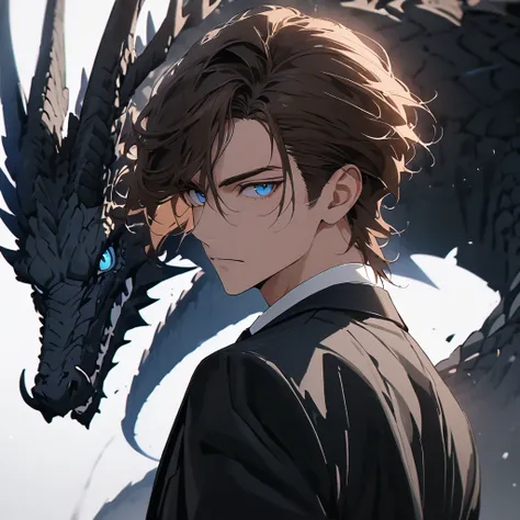 portrait. Half body.look back. A man in a suit has his back to the camera. Dark portrait. 8K quality., Raw Work, (brown hair),(blue eyes), (Black suit), (background: great black dragon)