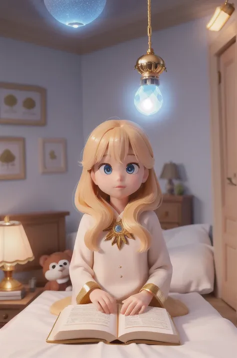 there is a with golden hair with beautiful and big brown eyes with white sparkles, she is in her room, while she is holding a book with a golden cover, she is sitting on the bed, and from the ((book emanates a blue light)) ((the book is magic))
