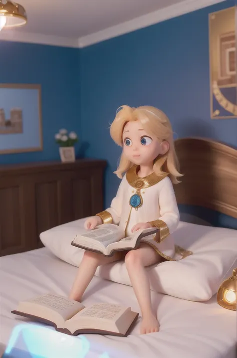 there is a with golden hair with beautiful and big brown eyes with white sparkles, she is in her room, while she is holding a book with a golden cover, she is sitting on the bed, and from the ((book emanates a blue light)) ((the book is magic))
